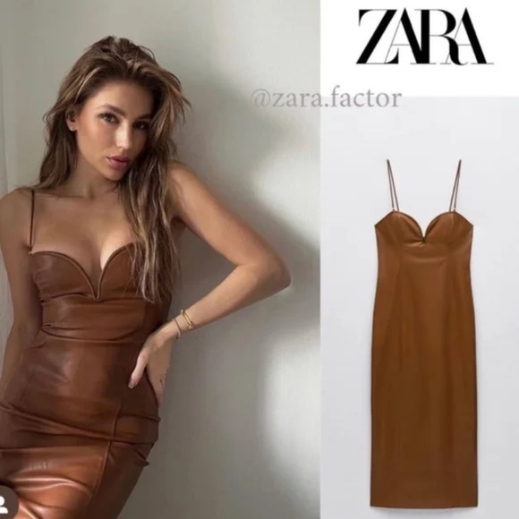 Zara Brown Faux Leather Dress - Picture 1 of 7